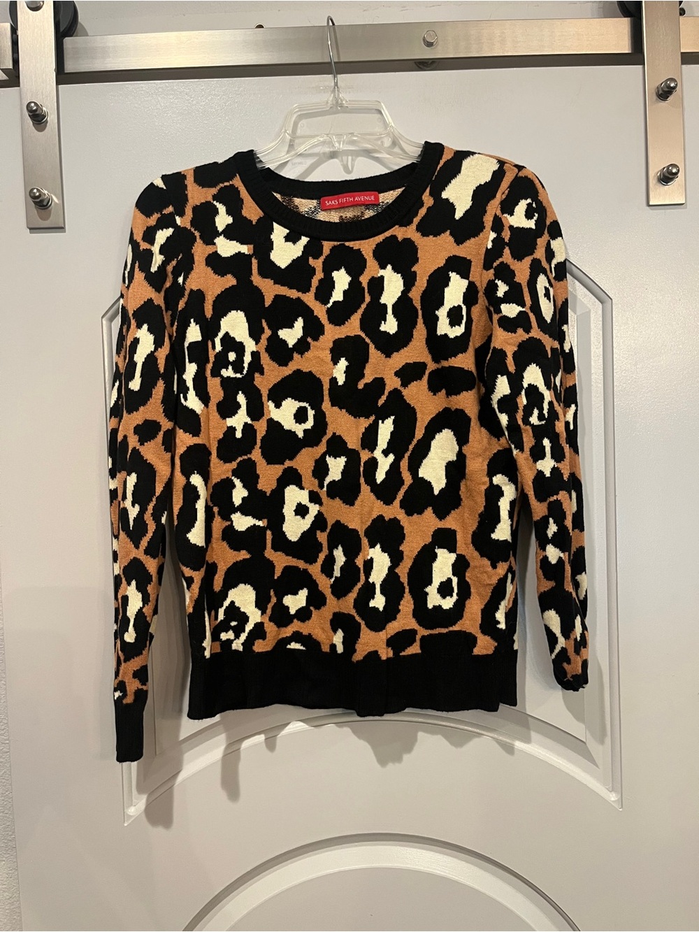 Saks Fifth Avenue large Leopard print Crewneck Sweater in Brown, Black & Cream.